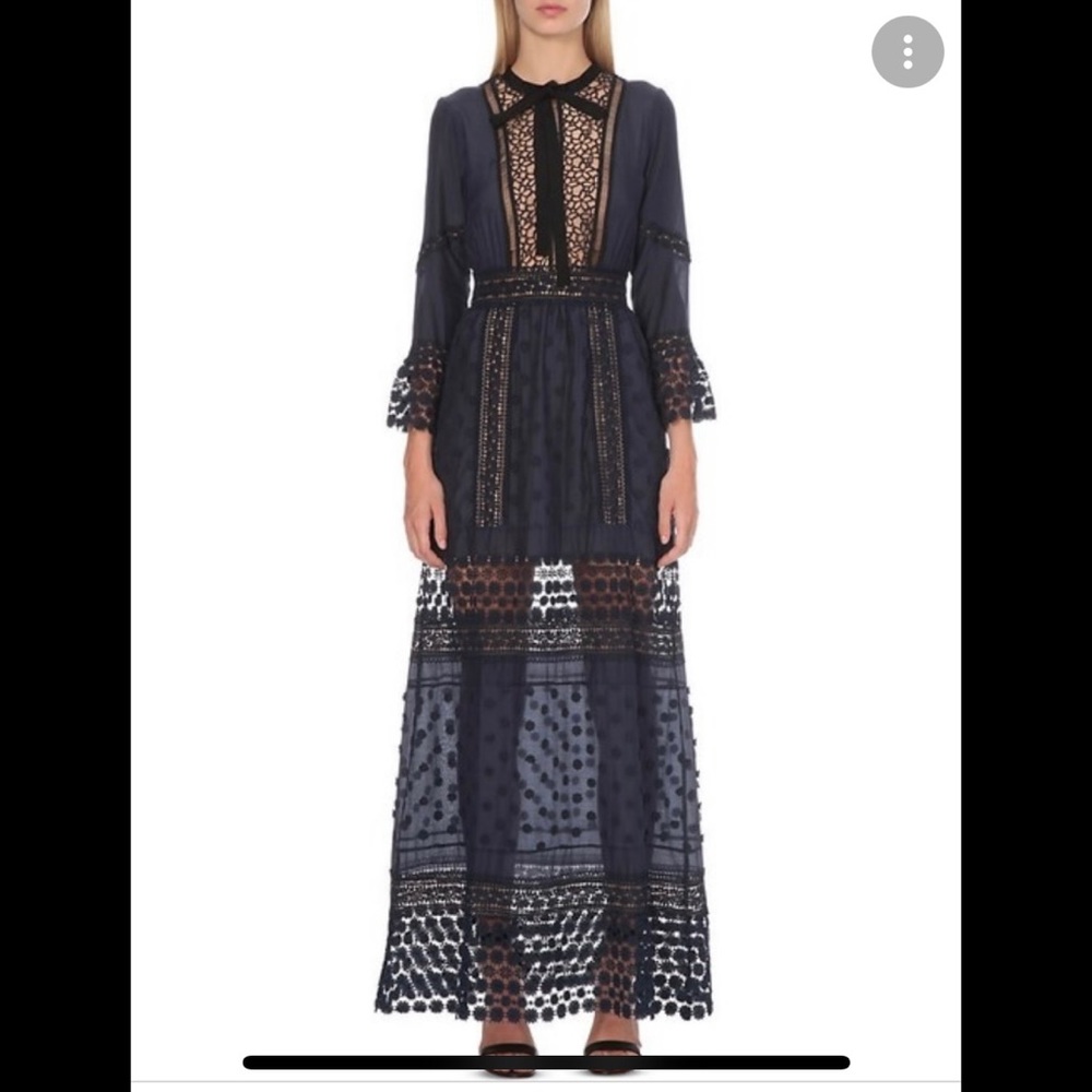 Self-Portrait long sleeve lace maxi dress, navy and black US8/UK12 M + pockets!